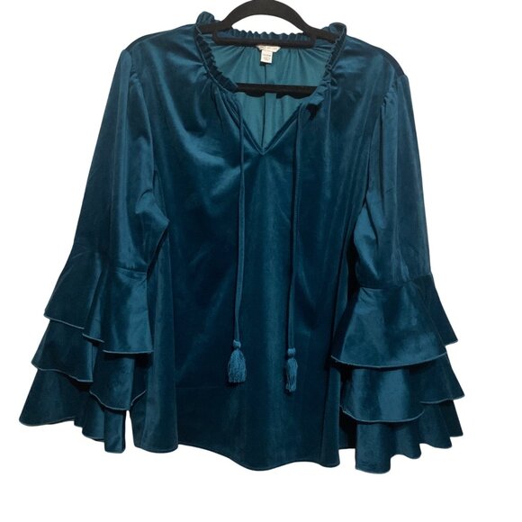 CATO Ruffled Teal Velvet Blouse Tiered Bell Sleeves & Tie Neck 14/16 Whimsical - Picture 1 of 11